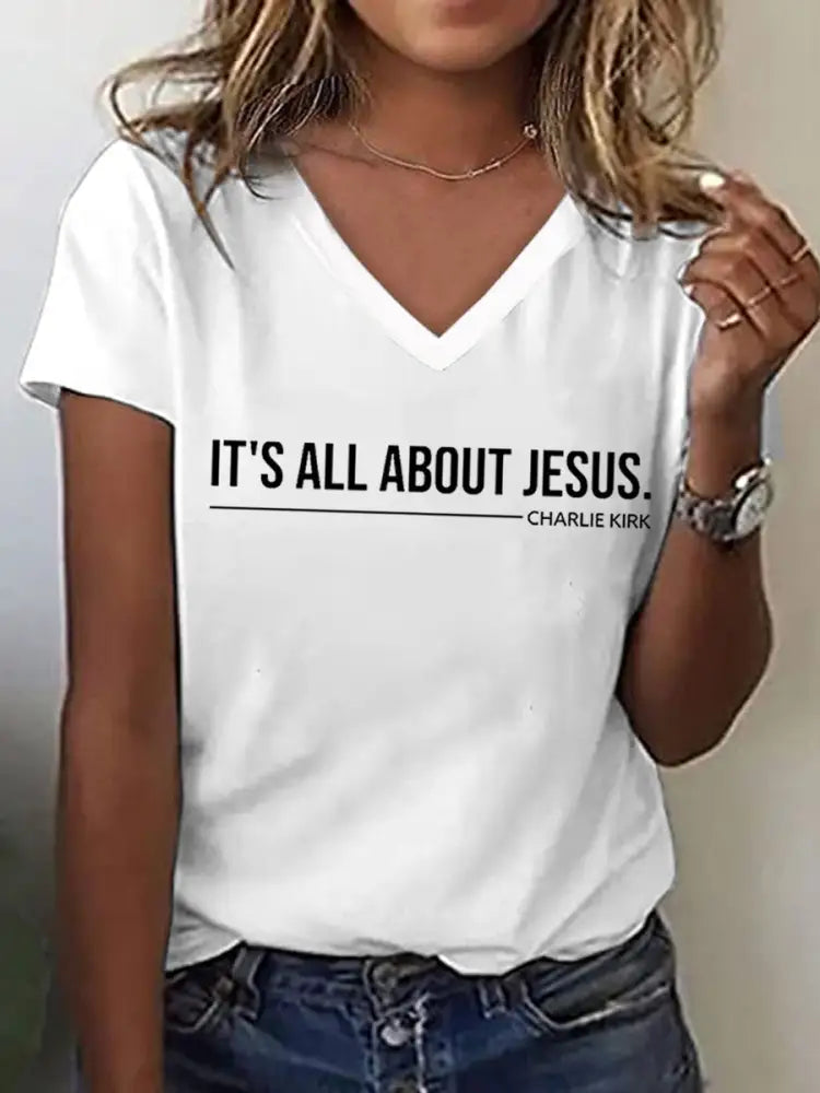 Women’s It’s All About Jesus Charlie Kirk V-Neck Tee White / S