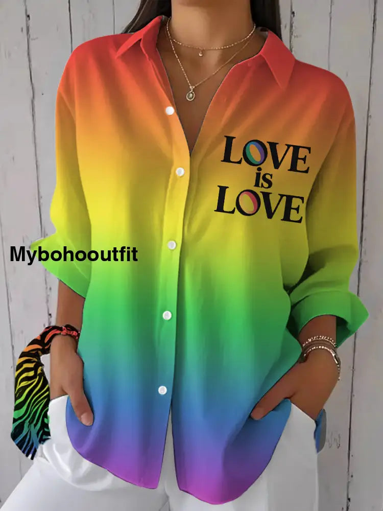 Women’s Love Is Love Rainbow Print Pride Month Casual Shirt Rainbow Colors / S