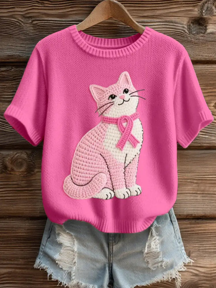 Women’s Lovely Cat Crochet Pattern Cozy Knit Top Rose Red / S