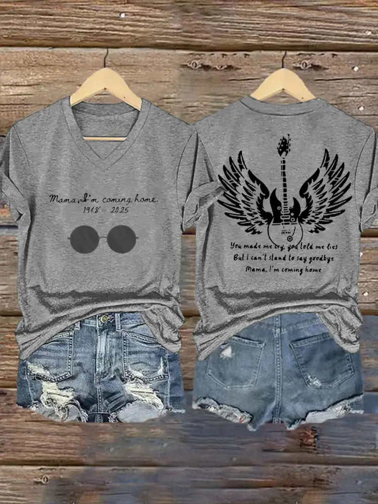 Women’s Mama I’m Coming Home Rock Legend Memorial V-Neck Tee Light Gray / S