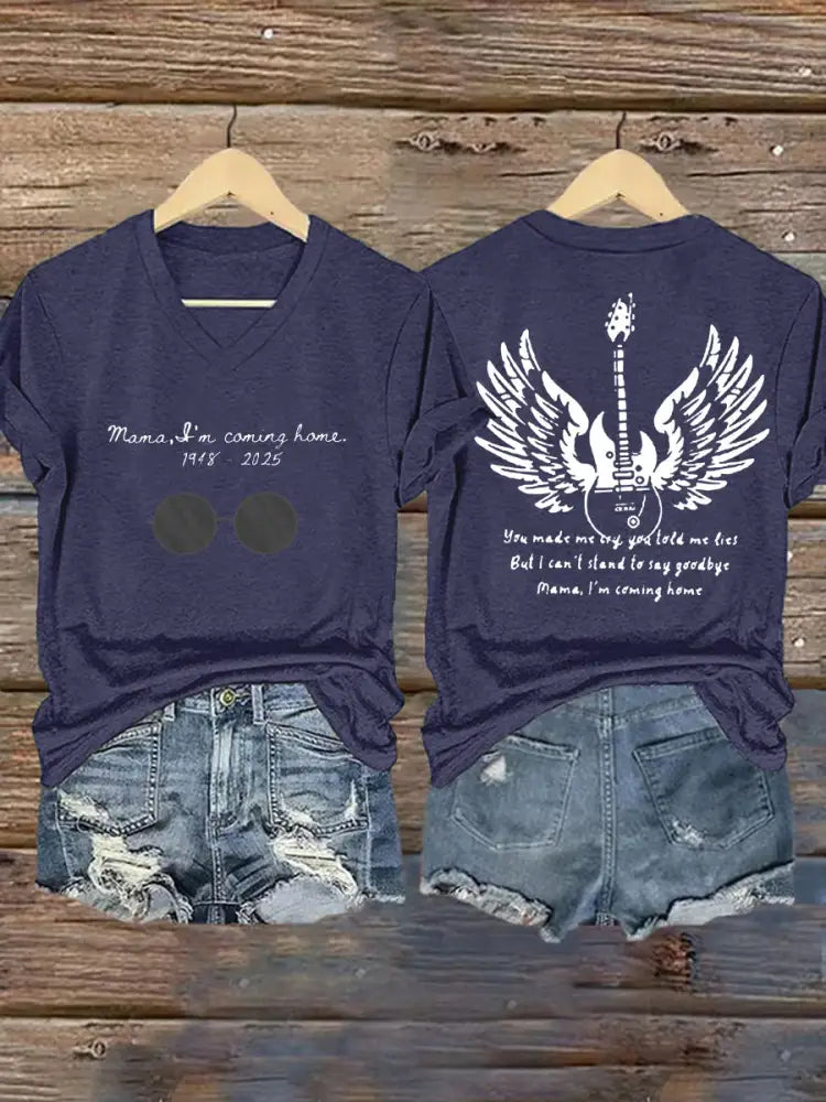 Women’s Mama I’m Coming Home Rock Legend Memorial V-Neck Tee Navy Blue / S