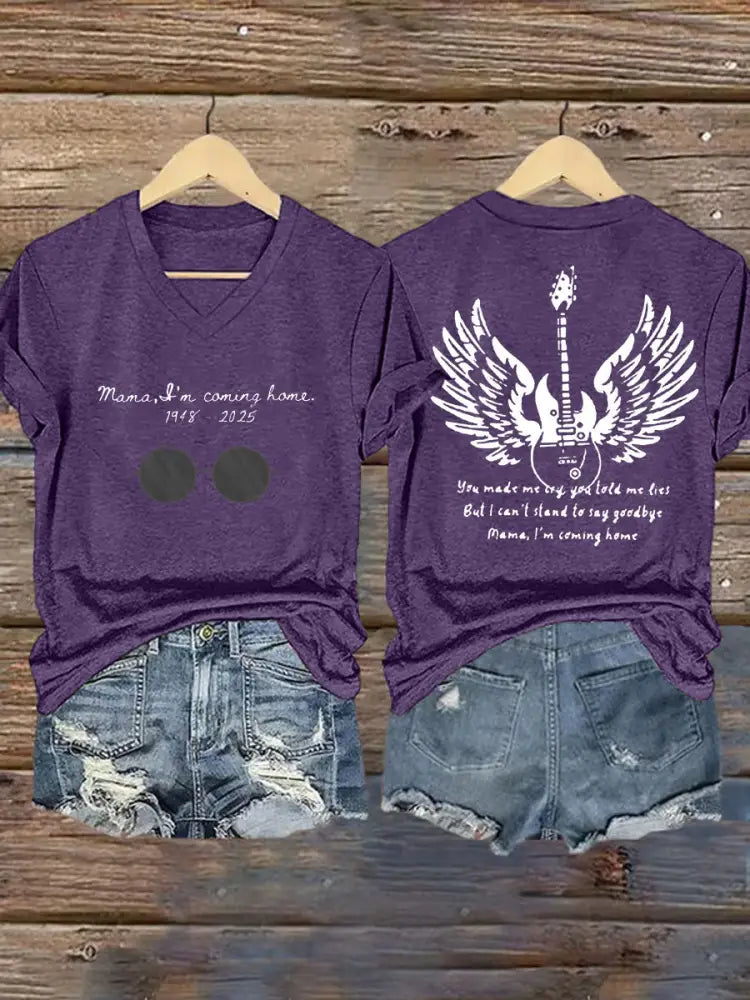 Women’s Mama I’m Coming Home Rock Legend Memorial V-Neck Tee Purple / S
