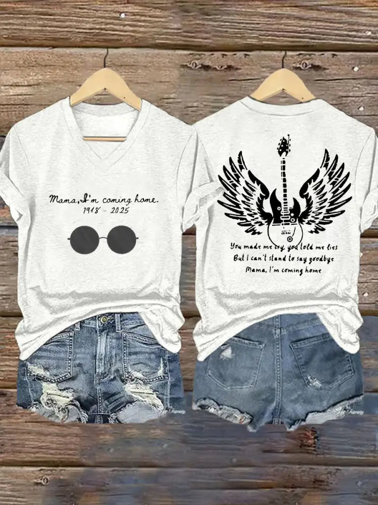 Women’s Mama I’m Coming Home Rock Legend Memorial V-Neck Tee White / S