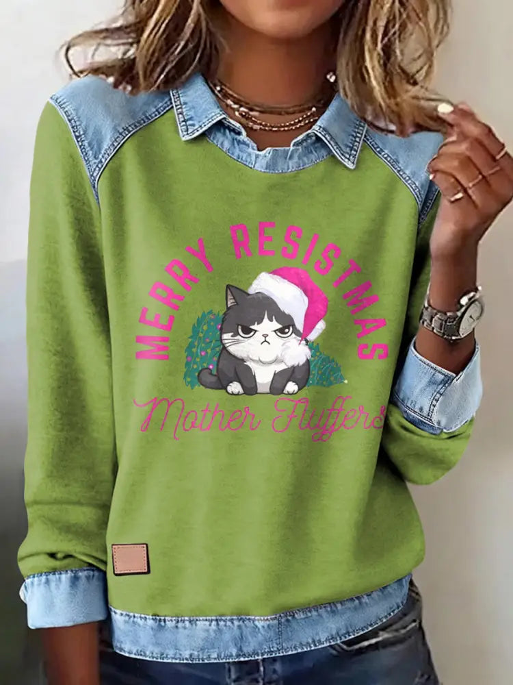 Women’s Merry Resistmas Cat Printed Sweatshirt Light Green / S