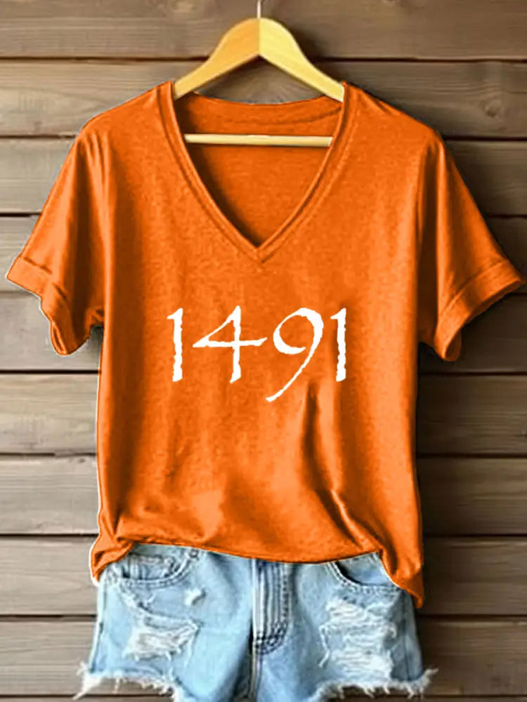 Women’s Native American 1491 Print V-Neck T-Shirt Orange / S