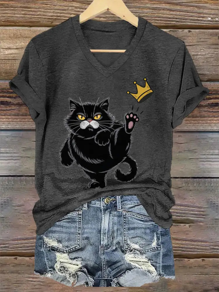 Women’s NOPE No Kings In America Black Cat Printed V-neck T-shirt Dark Gray / S