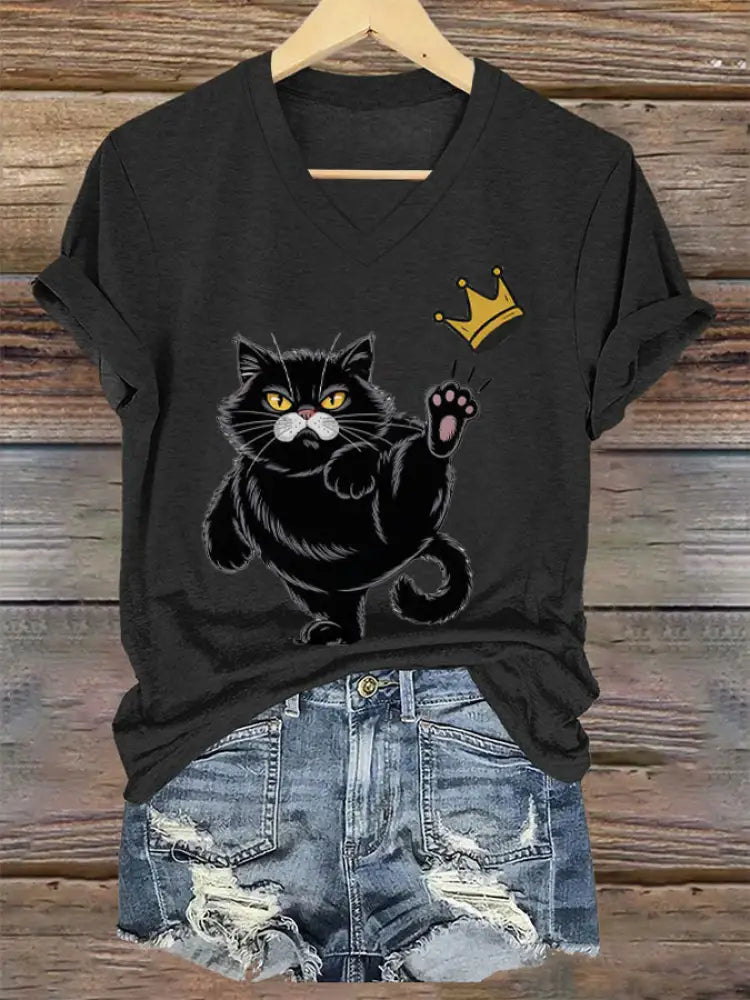 Women’s NOPE No Kings In America Black Cat Printed V-neck T-shirt Black / S