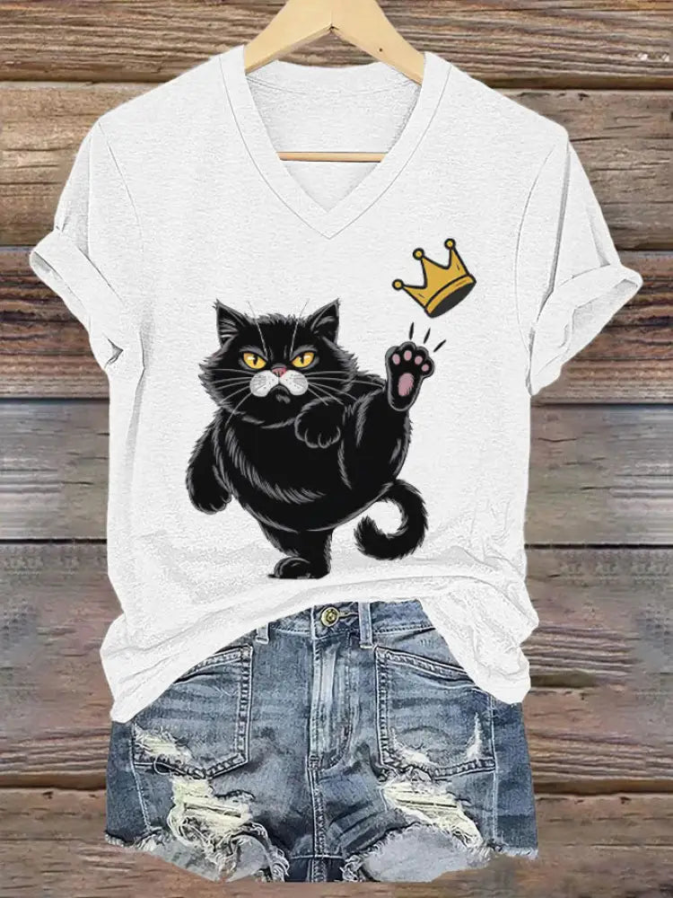 Women’s NOPE No Kings In America Black Cat Printed V-neck T-shirt White / S