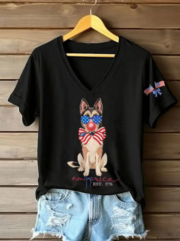 Women’s Patriotic Dog Lover Print T-shirt Black / S