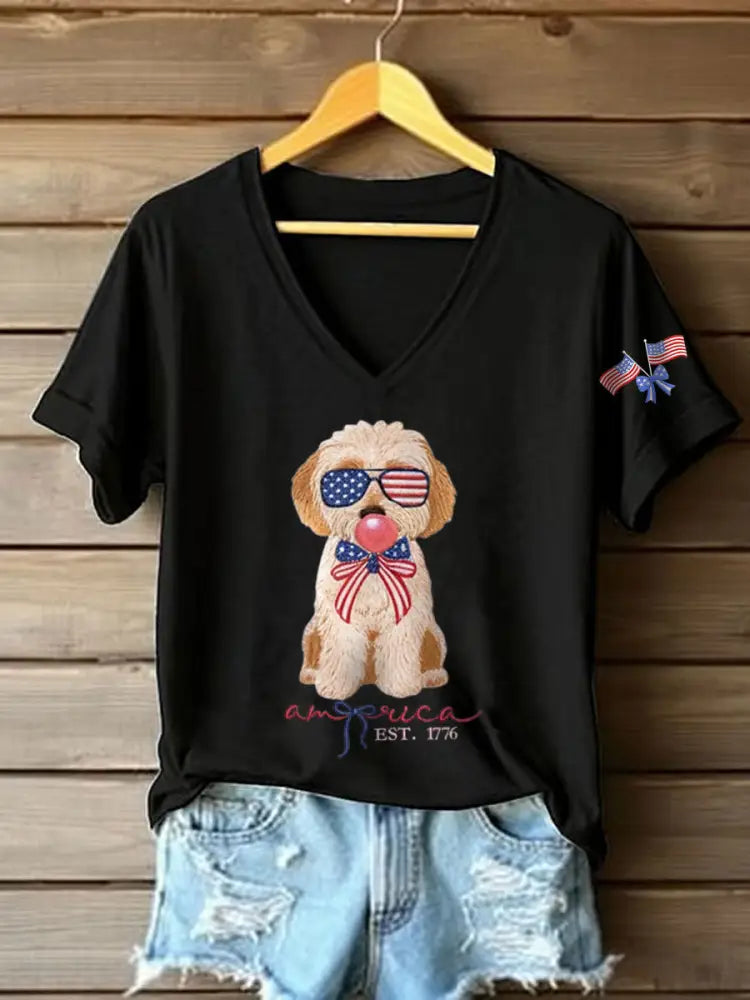 Women’s Patriotic Dog Lover Print T-shirt Black / S