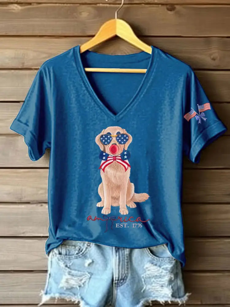 Women’s Patriotic Dog Lover Print T-shirt Blue / S