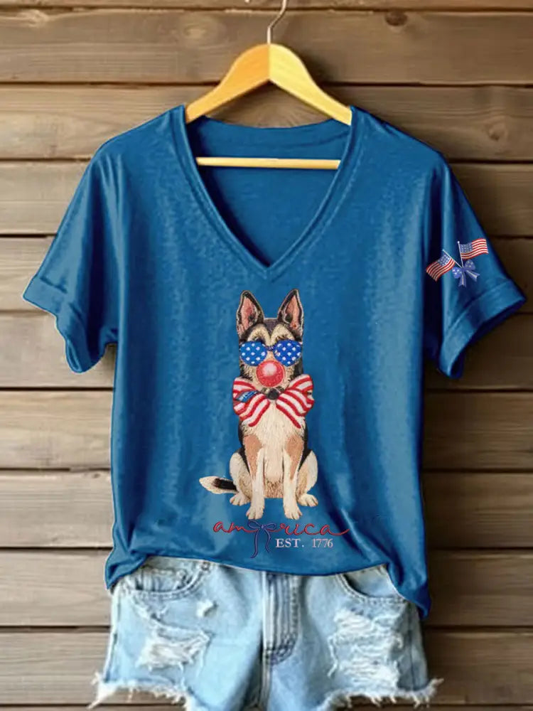 Women’s Patriotic Dog Lover Print T-shirt Blue / S