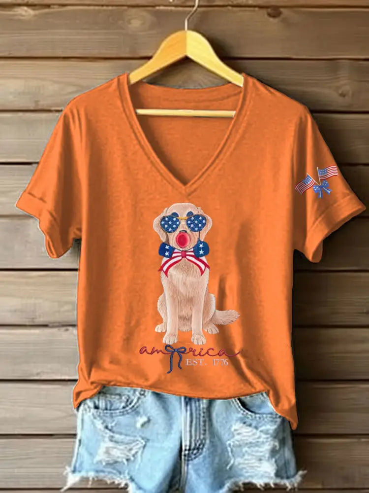 Women’s Patriotic Dog Lover Print T-shirt Orange / S