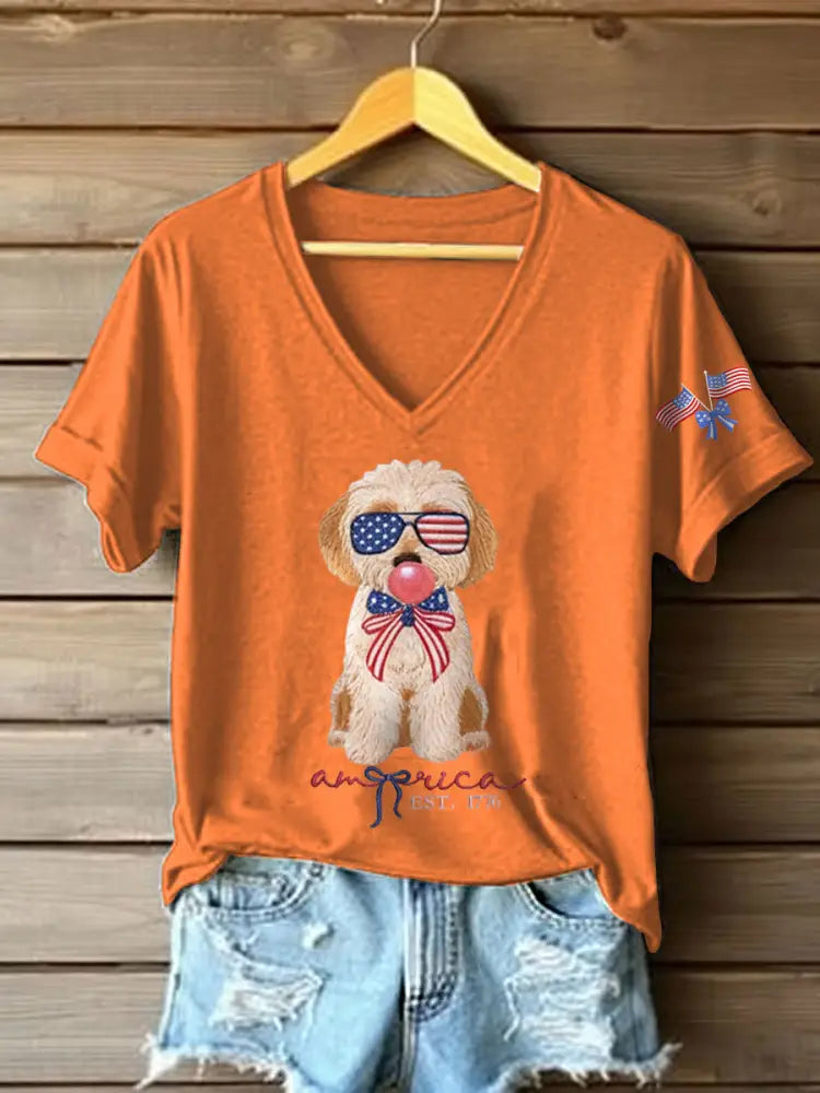 Women’s Patriotic Dog Lover Print T-shirt Orange / S