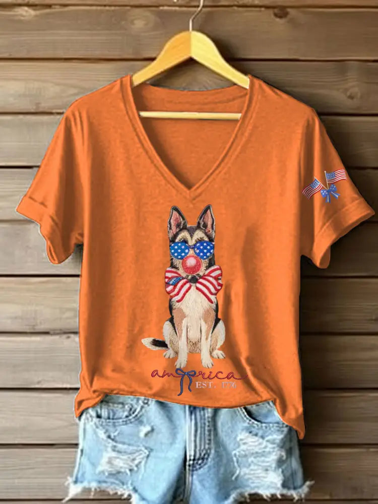 Women’s Patriotic Dog Lover Print T-shirt Orange / S