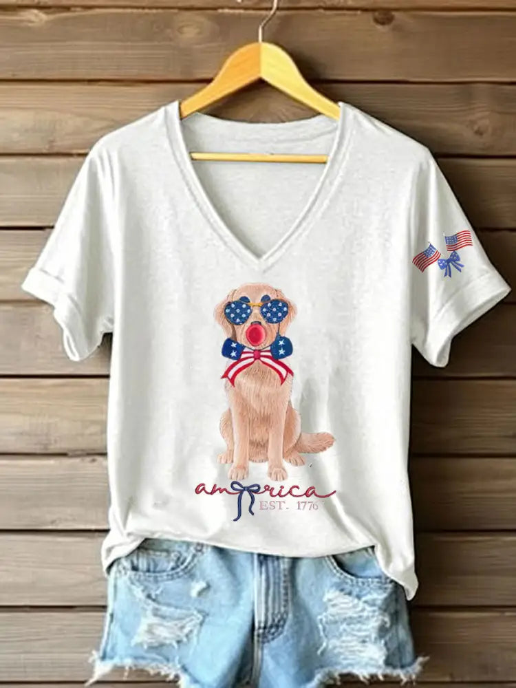 Women’s Patriotic Dog Lover Print T-shirt White / S