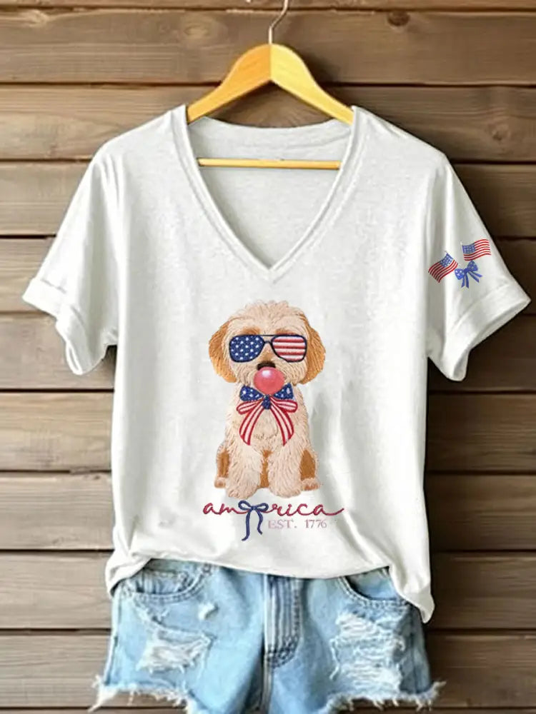 Women’s Patriotic Dog Lover Print T-shirt White / S