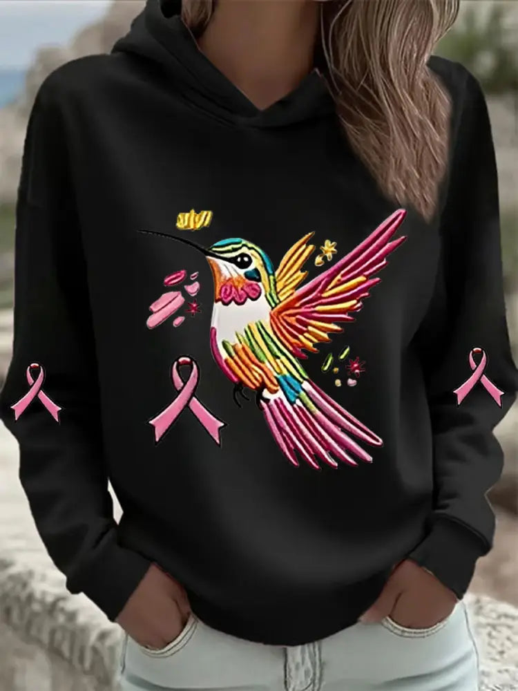 Women’s Pink Hummingbird Print Hoodie Black / S