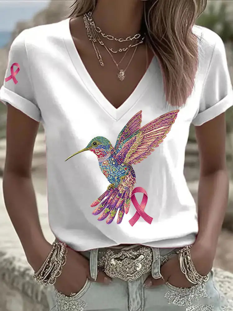 Women’s Pink Hummingbird Print T shirt White / S