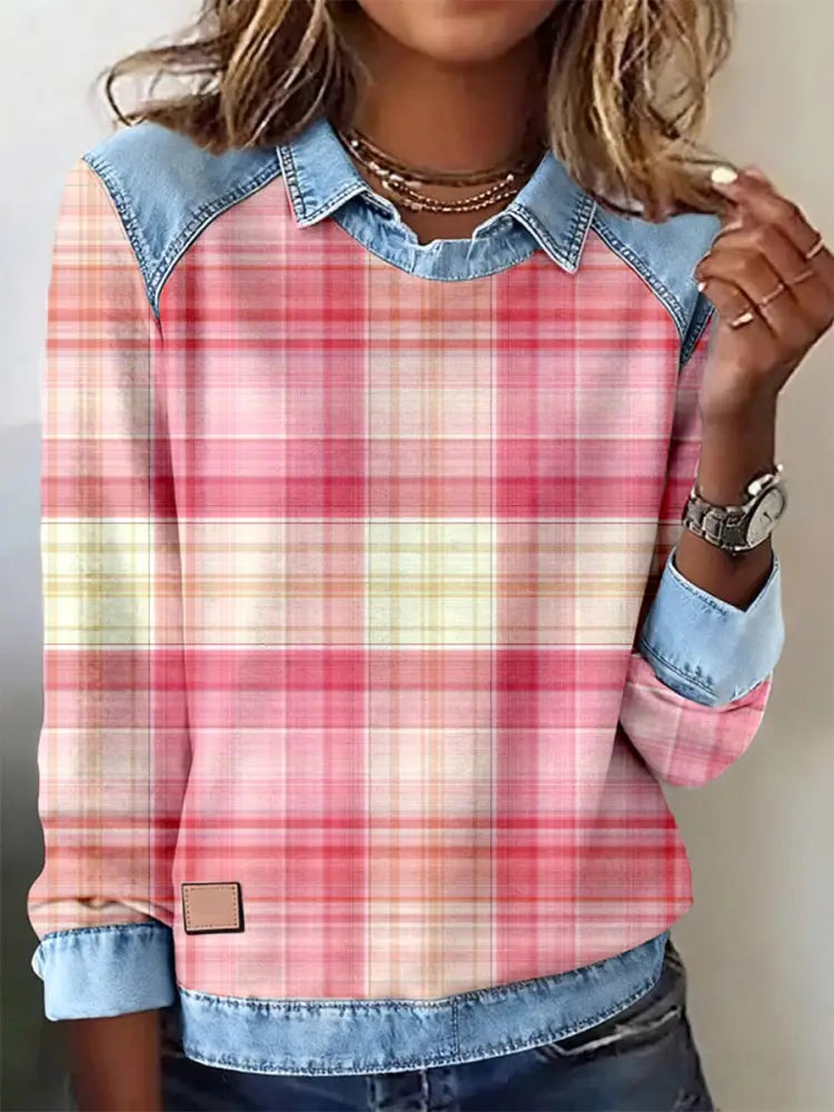 Women’s Pink Plaid Pattern Patchwork Art Sweatshirt As picture / S
