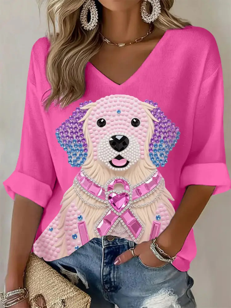 Women’s Pink Rhinestone Dog Pink Ribbon Print Breast Cancer Awareness Support Long Sleeve Top Rose Red / S