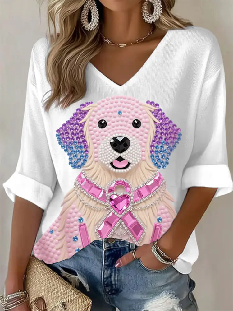 Women’s Pink Rhinestone Dog Pink Ribbon Print Breast Cancer Awareness Support Long Sleeve Top White / S