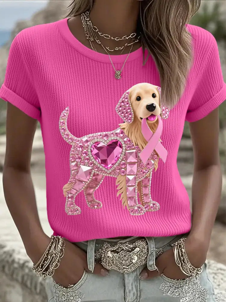 Women’s Pink Rhinestone Dog Pink Ribbon Print Breast Cancer Awareness Support Tee Rose Red / S