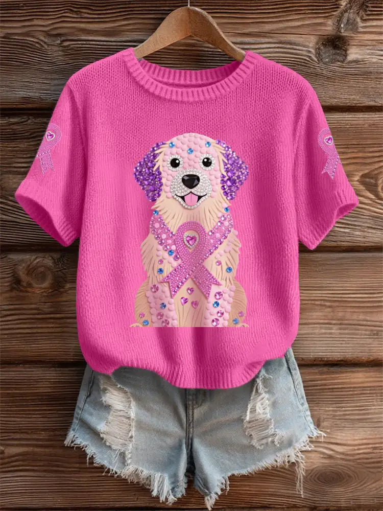 Women’s Pink Rhinestone Dog Pink Ribbon Print Breast Cancer Awareness Support Tee Rose Red / S