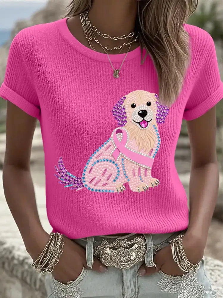 Women’s Pink Rhinestone Dog Pink Ribbon Print Breast Cancer Awareness Support Tee Rose Red / S