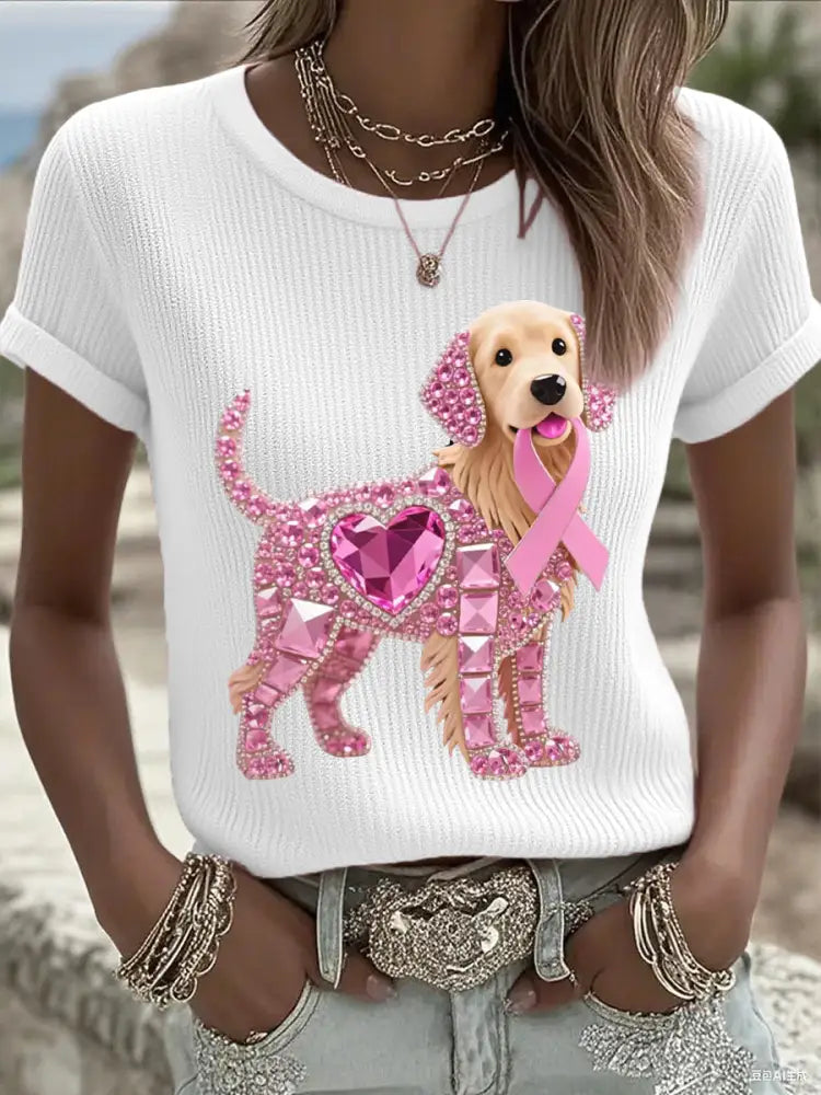 Women’s Pink Rhinestone Dog Pink Ribbon Print Breast Cancer Awareness Support Tee White / S
