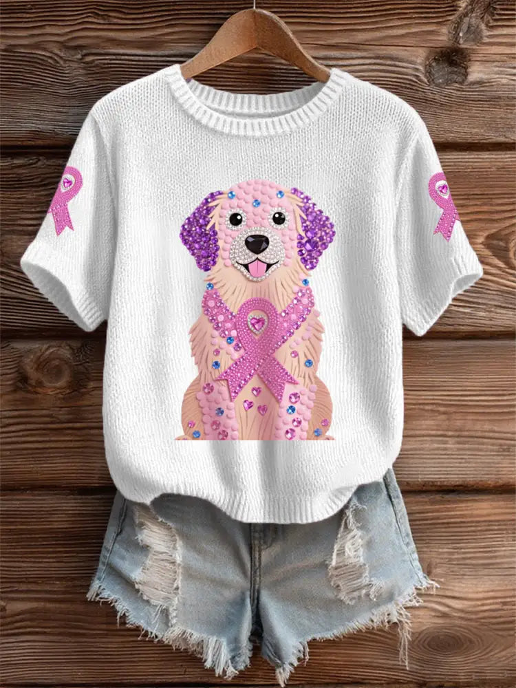 Women’s Pink Rhinestone Dog Pink Ribbon Print Breast Cancer Awareness Support Tee White / S