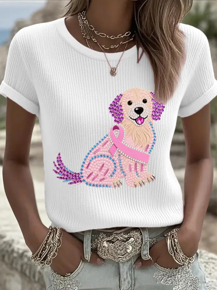 Women’s Pink Rhinestone Dog Pink Ribbon Print Breast Cancer Awareness Support Tee White / S