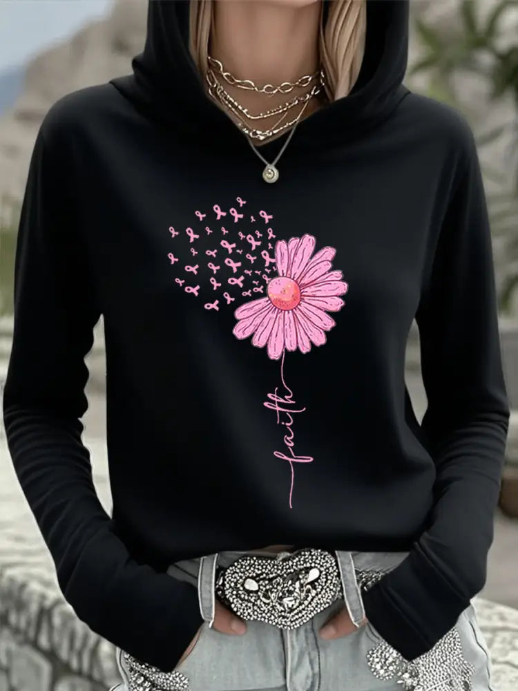 Women’s Pink Ribbon Sunflower Faith Breast Cancer Awareness Support Hooded Top Black / S