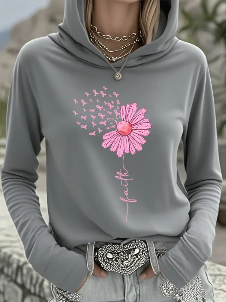 Women’s Pink Ribbon Sunflower Faith Breast Cancer Awareness Support Hooded Top Gray / S