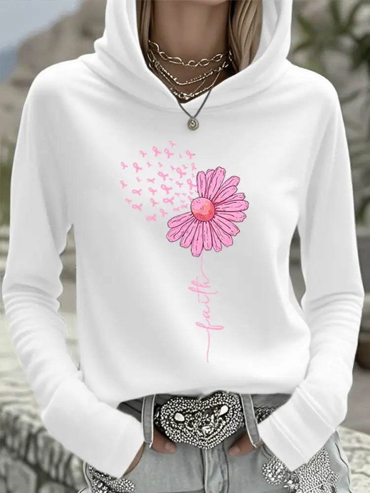 Women’s Pink Ribbon Sunflower Faith Breast Cancer Awareness Support Hooded Top White / S