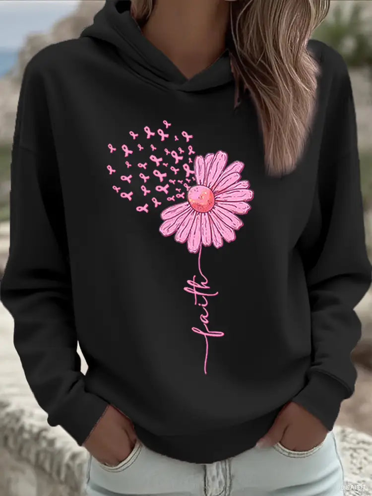 Women’s Pink Ribbon Sunflower Faith Breast Cancer Awareness Support Sweatshirt Black / S