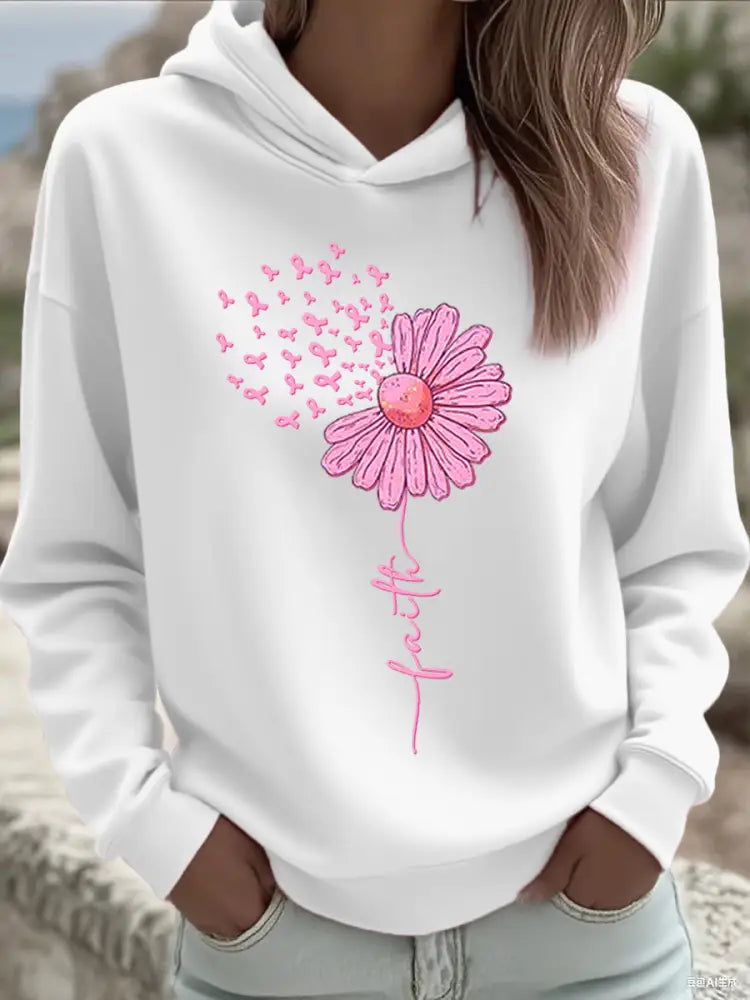 Women’s Pink Ribbon Sunflower Faith Breast Cancer Awareness Support Sweatshirt White / S
