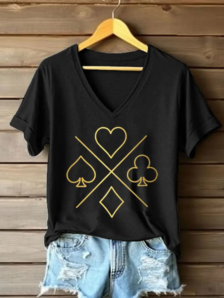 Women’s Poker Cards Art Print V-Neck T-Shirt Black / S