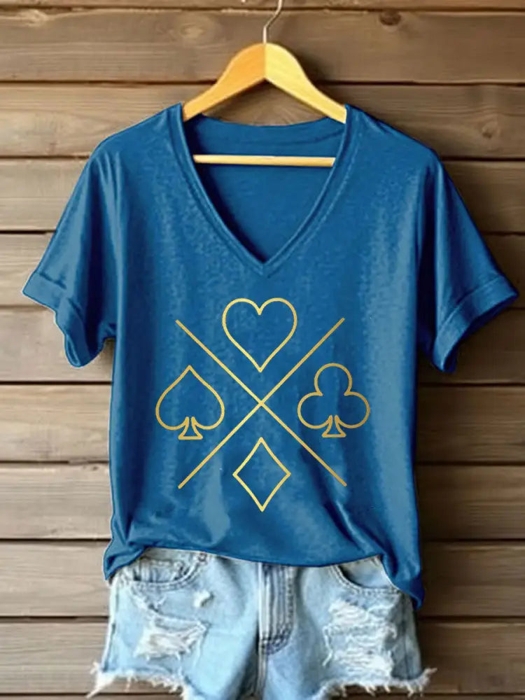 Women’s Poker Cards Art Print V-Neck T-Shirt Blue / S