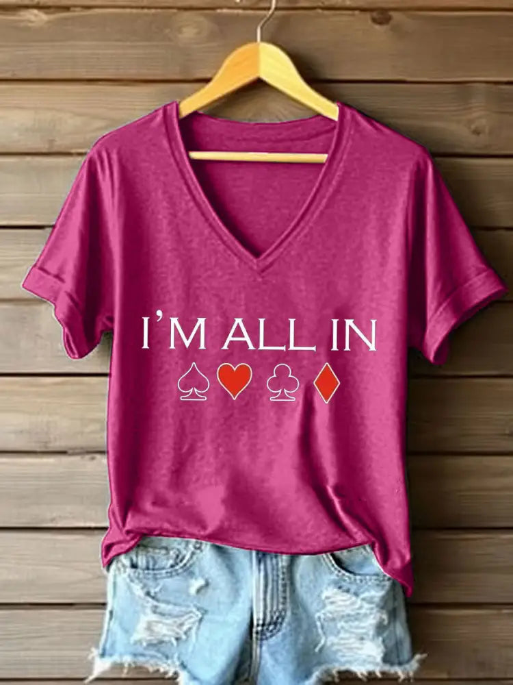 Women’s Poker Cards Art Print V-Neck T-Shirt Rose Red / S