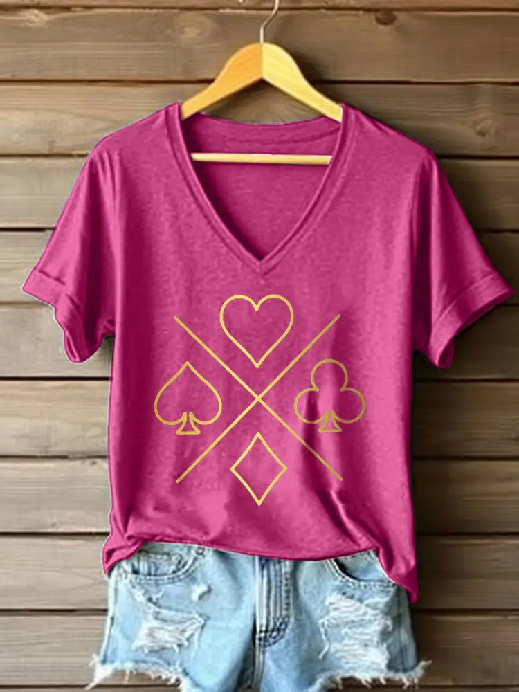 Women’s Poker Cards Art Print V-Neck T-Shirt Rose Red / S
