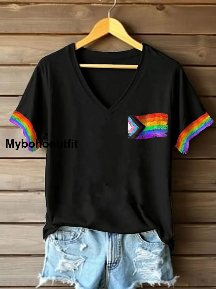 Women’s Pride Month Rainbow Flag V-Neck T-shirts Black / S