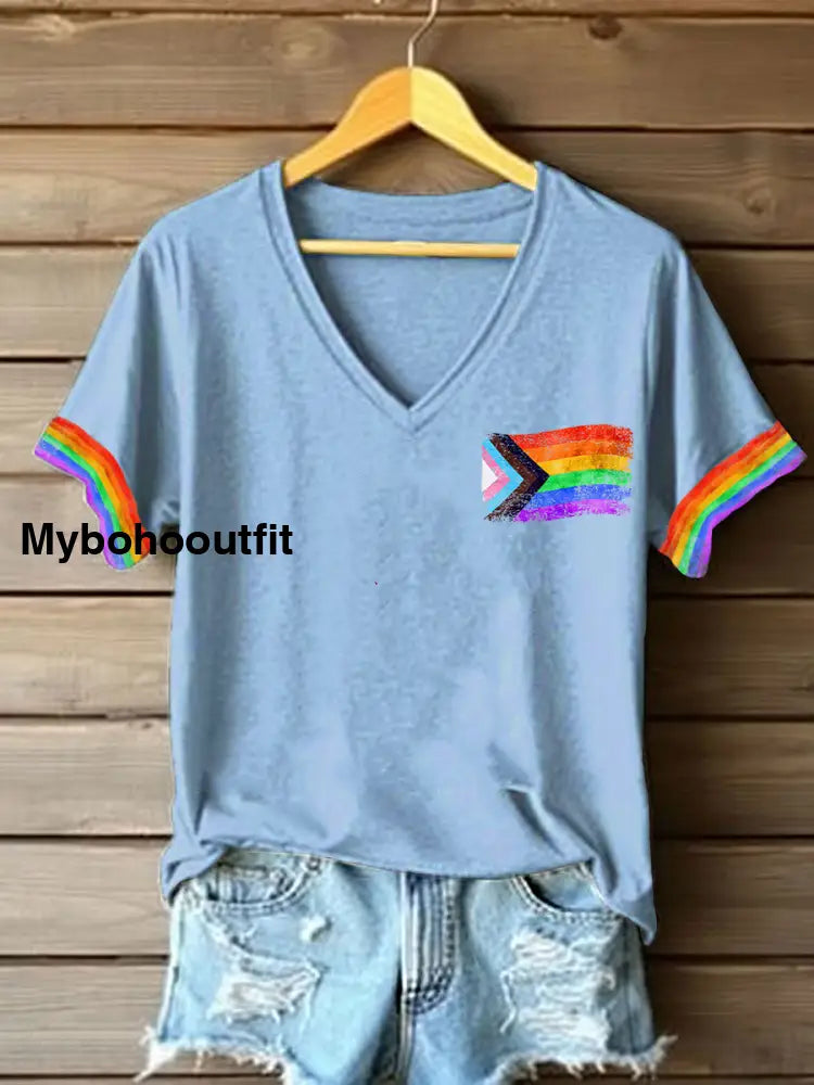 Women’s Pride Month Rainbow Flag V-Neck T-shirts Light Blue / S