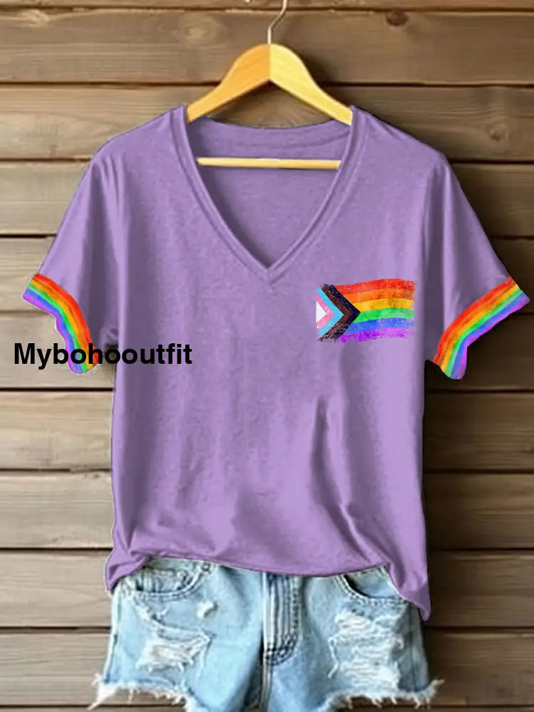 Women’s Pride Month Rainbow Flag V-Neck T-shirts Light Purple / S