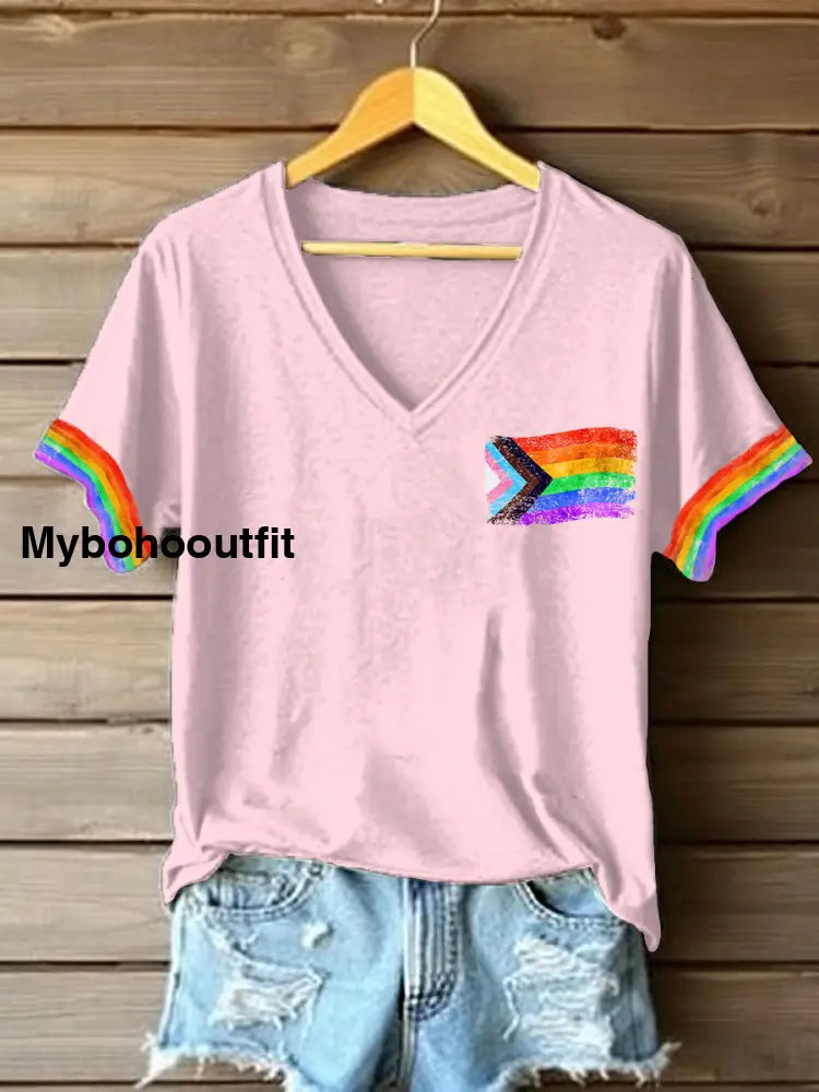 Women’s Pride Month Rainbow Flag V-Neck T-shirts Pink / S