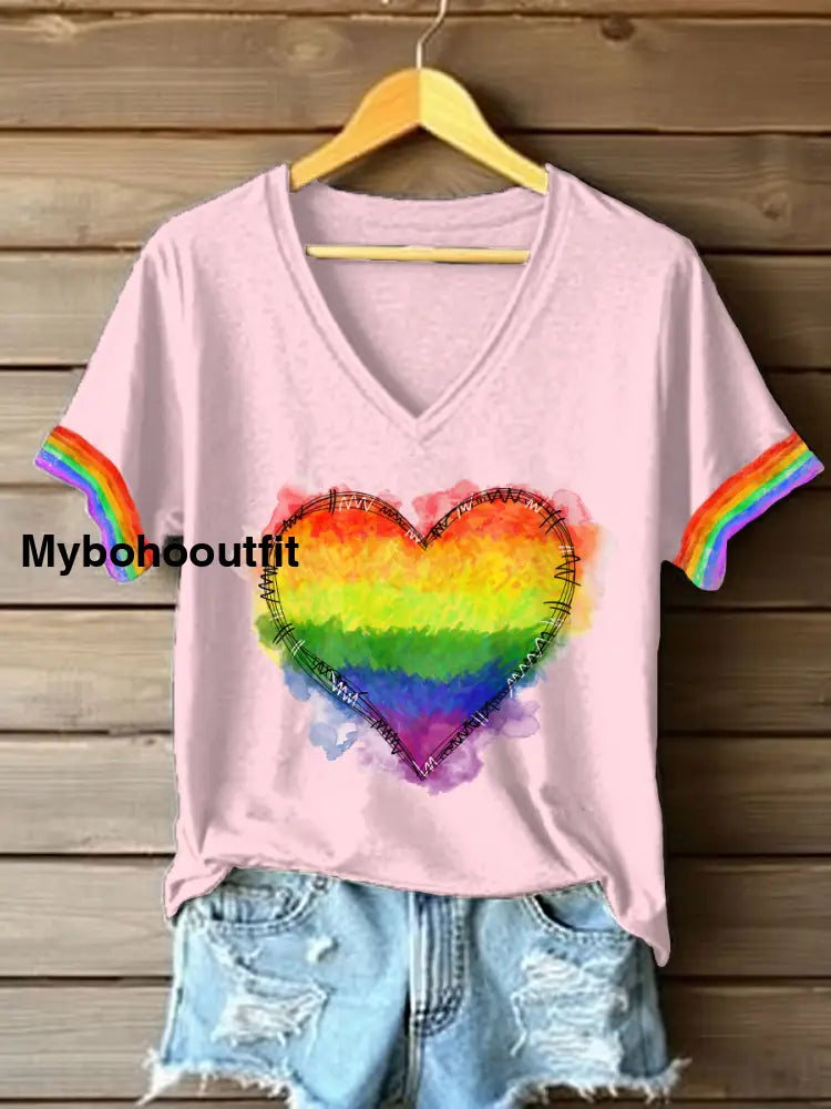 Women’s Pride Month Rainbow Heart Print V-Neck T-Shirts Pink / S