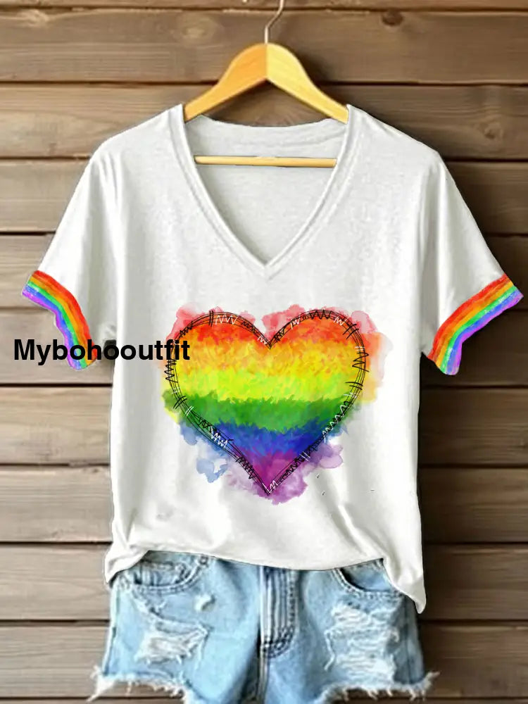 Women’s Pride Month Rainbow Heart Print V-Neck T-Shirts White / S