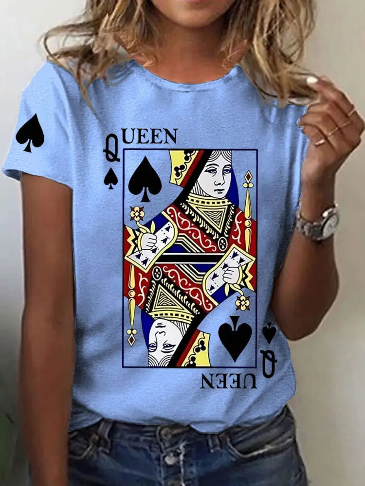 Women’s Queen Poker Printed Casual T-Shirt Light Blue / S