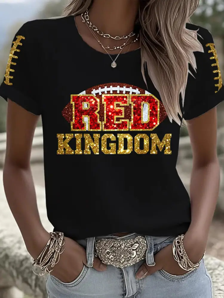 Women’s Red Kingdom Football Print Crew Neck T Shirt Black / S