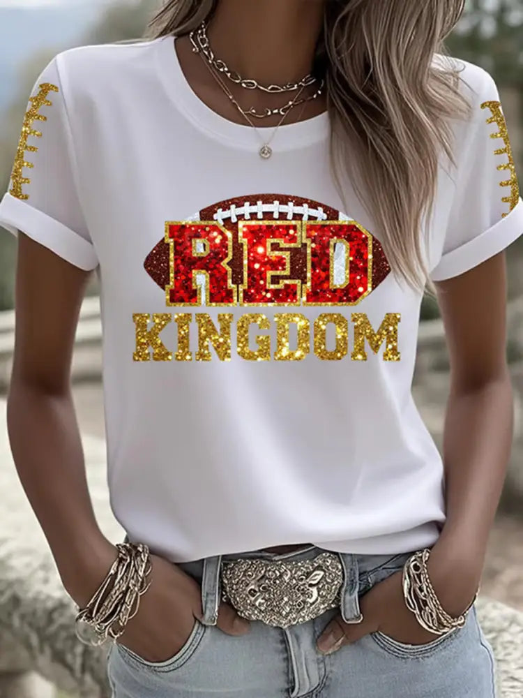 Women’s Red Kingdom Football Print Crew Neck T Shirt White / S